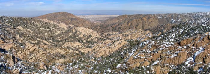 Devil's Punchbowl panorama, looking southeast. The Pinyon Earthquake Fault lies to the left. The Punchbowl Fault is on the right - note the different thrust to the cliffs. The San Andreas Fault is through the V between the furthest mountains.