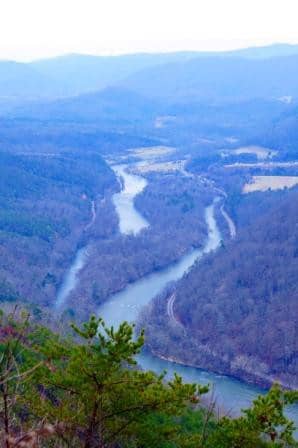 The view near the end of Paint Rock Trail. You can see the French Broad River, especially in winter.