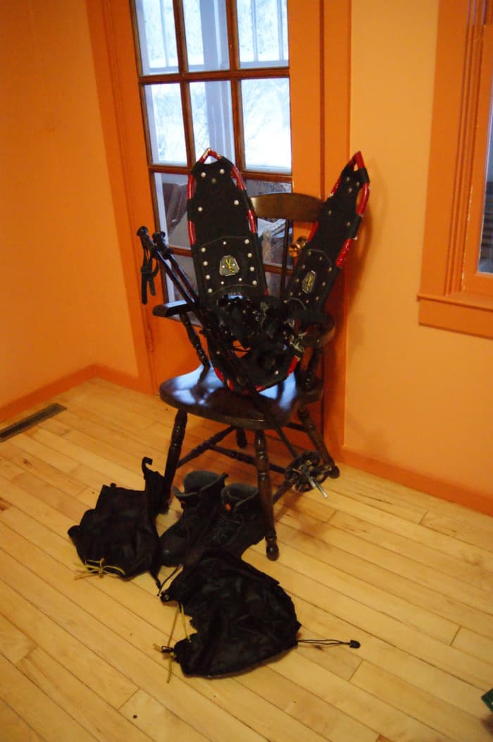 Pictured are Atlas snowshoes (mine, 20 years old and still in great condition), poles, Merrell Ice Jam winter boots, Mountain Hardware gaiters.