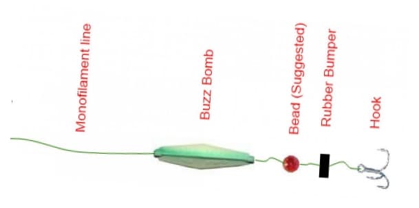 How to rig a Buzz Bomb: If you want to prevent the Buzz Bomb from sliding too far away from the hook, a swivel and second bead can be tied 16–20" above your hook, with the Bomb sliding in between.