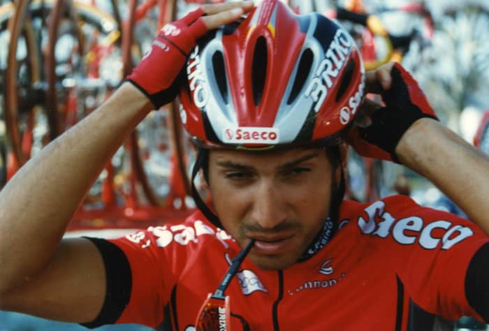 Saeco Cannondale rider Gian Matteo Fagnini in the famous Ferrari red strip of the team.
