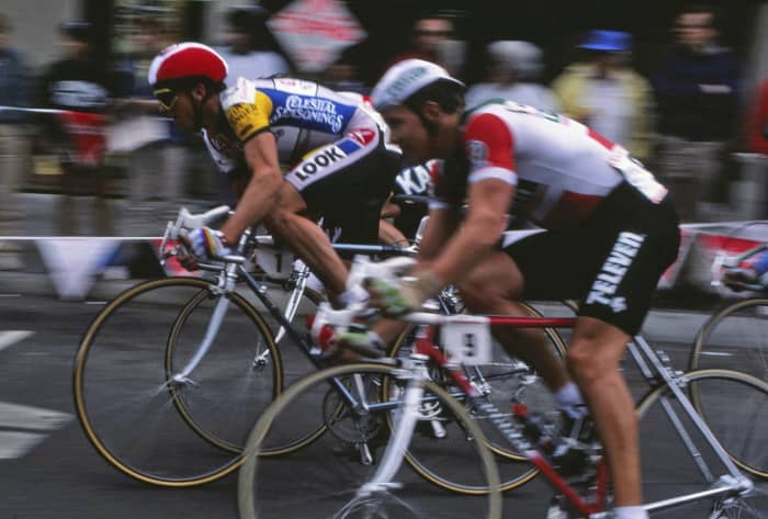 Team 7Eleven and La Vie Claire cycling jerseys in race action.