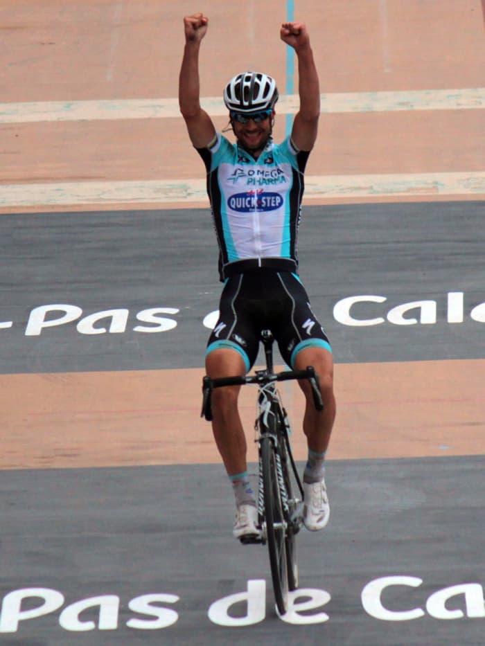 Tom Boonen in the 2012 Omega Pharma- Quickstep cycling team kit.