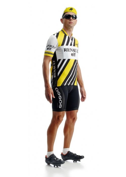 The Assos heritage Renault Elf cycling jersey is a modern recreation of a Tour De France classic jersey