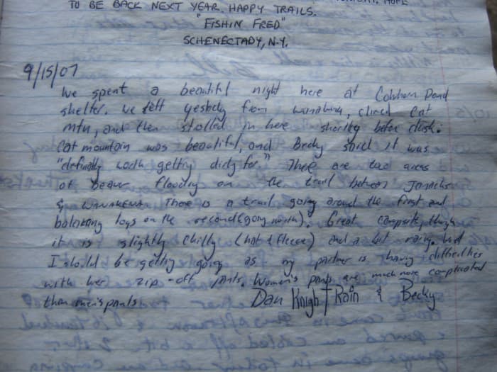 I found a previous register posting I made after returning to the Cowhorn Pond lean-to several years later. The transcript is to the left.