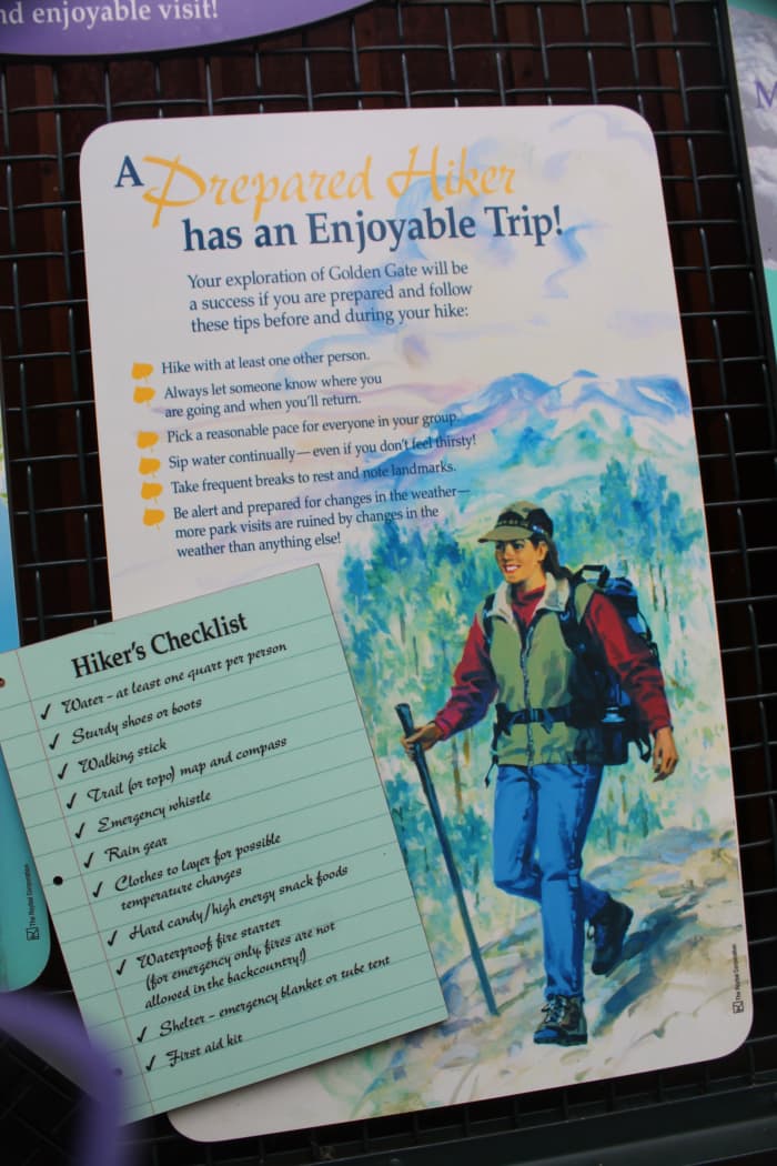 The Visitor's Center at Golden Gate Canyon State Park includes this list of things a person should take on a hike to be prepared.
