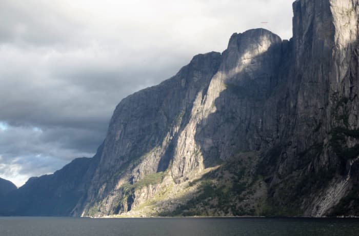 It's not easy to spot on this photo but Kjeragbolten is up there, visible as only a tiny dot