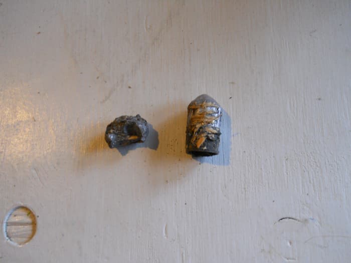 12 Ga. slugs recovered from test media. Foster type (left), Brenneke (right). The Brenneke turns the lowly 12 gauge into a poor-man's Nitro Express. The Foster is well suited to medium, soft-skinned game.