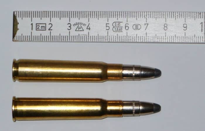 Two 7.92x57mm Mauser cartridges: the JRS (top) for bolt-action rifles and IRS (rimmed) for break-action double rifles.