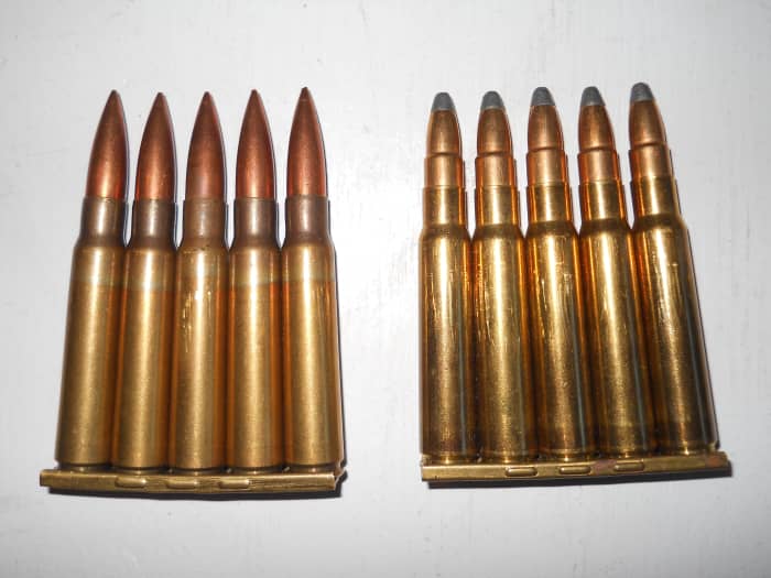 8x57 Mauser ammunition. Yugoslav military surplus FMJ (left) and S&B soft point (right). The soft points are preferred for hunting.