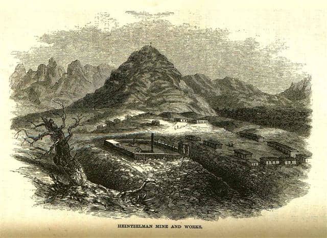 Fort Cerro and Cerro Colorado, Arizona in the United States. An 1864 drawing by John Ross Browne from his book Heintzelmen Mine and Works.