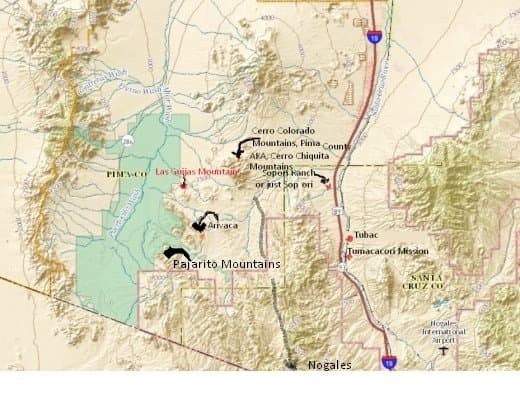 The Tumacacori Highlands is a series of connected mountain ranges in western Santa Cruz County, Arizona. The Highlands are northwest of Nogales and are bordered on the east by the Santa Cruz River Valley, that is traversed north-south by I-19.