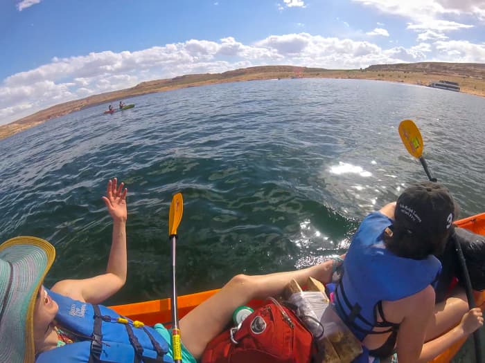 Firewood, food, life jackets, tent, sleeping bags, warm clothes, shoes...all piled onto our kayak to set up camp on Antelope Island.
