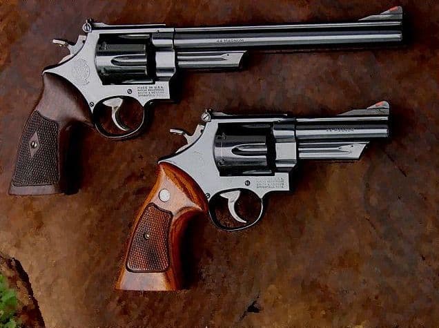 The famous S&W Model 29 .44 Magnum. The four-inch version makes a better hunting backup than the "Dirty Harry" eight-inch.