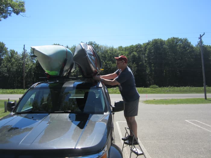 Note the step ladder I'm using. This makes securing your kayak so much easier! It's a fold-up stepper and I keep it in the back of my vehicle.