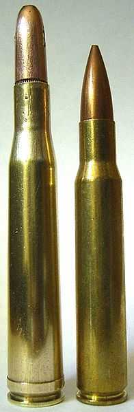 Cartridges with tapered bodies and shallow shoulder angles, such as the .300 H&H Mag. (left) and .30-06 (right), feed better under adverse winter conditions than more modern, straight-wall, sharp-shouldered rounds .