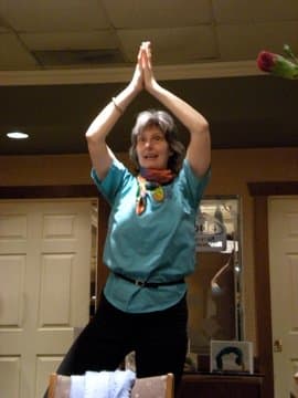 Tree Easy Variation. Keep the hands on the back of the chair in front of you if you feel unsafe standing on one leg.