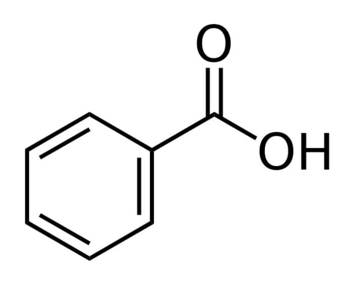 In benzoic acid, the ring has a similar structure to that of benzene, but one of the hydrogen branches is replaced by a group of atoms. In sodium benzoate, the H shown in the diagram above is replaced by a sodium ion.