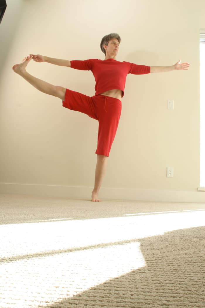Hand to toe posture opening to the side. this can also be done lying on the back and relaxing the leg open to the side, with a strap if necessary.