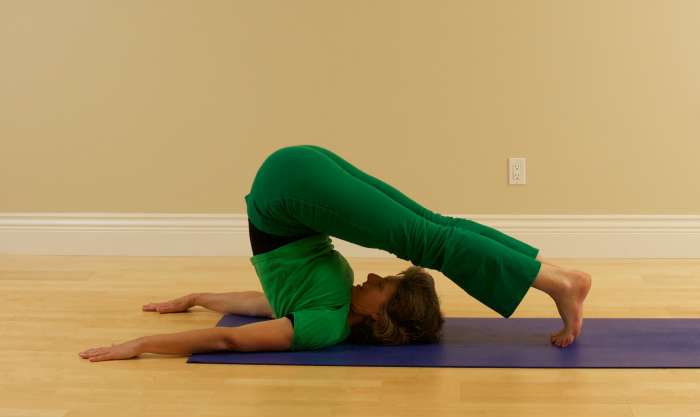 To come down, tower the feet toward the floor behind you, use you hands as brakes, and as you exhale, lower the spine vertebra by vertebra to the floor.
