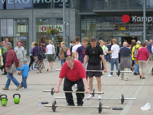 With big lifts, correct technique is important - unlike here. When deadlifting, keep your chest up and imagine you are trying to hold an orange under your chin. Drive through your heels and use the mirror to check your form - same for the squat.