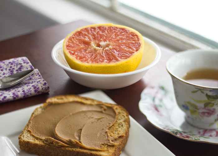 Breakfast: 1/2 a grapefruit, toast with peanut butter, and black coffee (I added skim milk to mine).