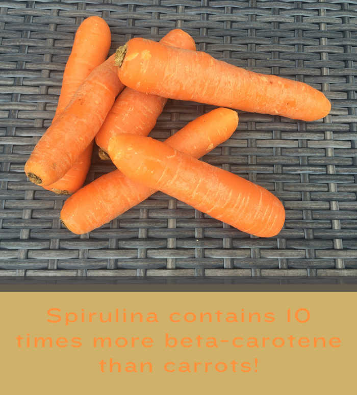 Spirulina has a beta carotene concentration that is 10 times higher than that of carrots.... However, carrots are a lot easier to eat and in much bigger quantities!