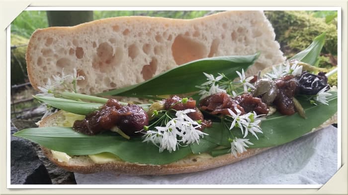 A sourdough baguette filled with wild garlic leaves and flowers, pickled wild garlic buds, wild plum sauce, and a few olives.