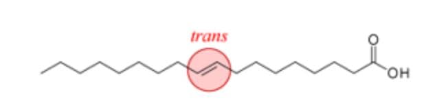 Figure 10: Structure of a fatty acid containing a trans double bond. Modified from “Cis trans” by Foobar, which is licensed under CC 3.0.