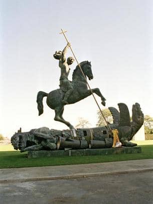 In another sculpture by Tsereteli, Saint George slays a nuclear-age dragon.