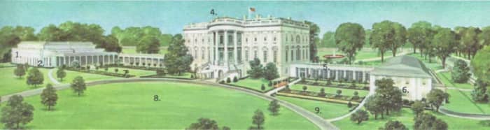 The external plan of the White House. The building is situated on more than 15 acres of land, and its major features include: (1) Executive Wing, (2) President's office, (3) swimming pool and gym, (4) main building, (5) movie theater, (6) East Wing,