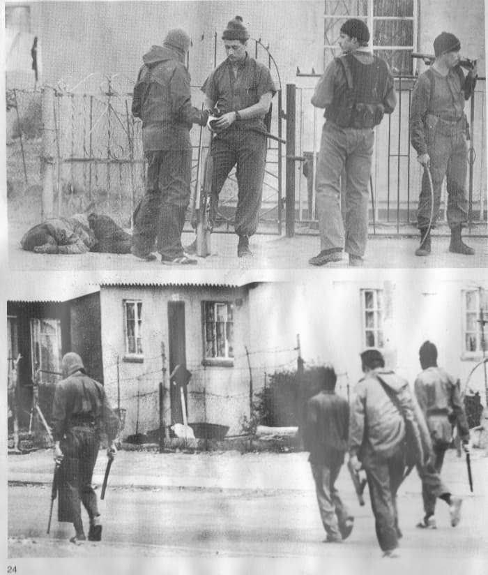 Security forces stand calmly next to their "kill"; security forces doing a house-to-house search wearing 'balaclavas'