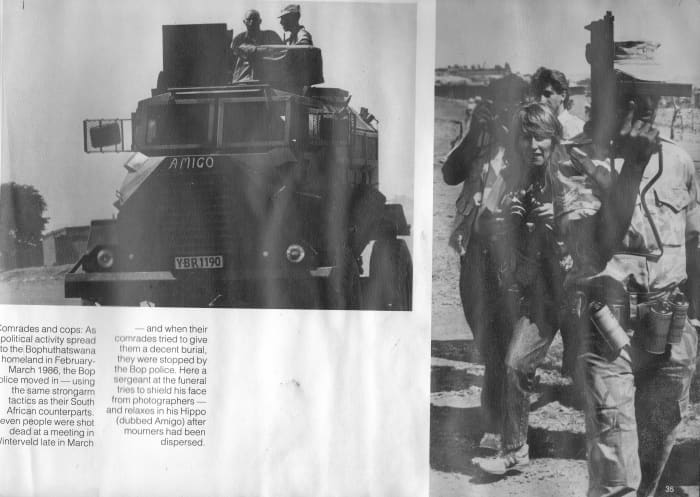 A close-up of a "Hippo" after it had dispersed protesters; A sergeant tries to hide his face with a machine gun from photographers