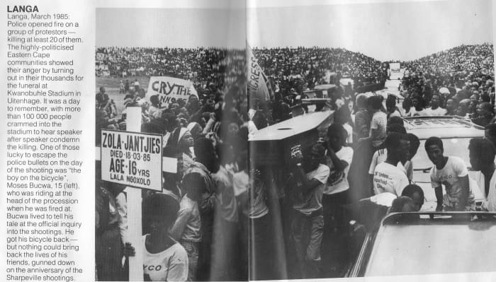 20 protesters who were killed by the police in a stadium attended by 100,000 people at KwaNobuhle Stadium in Uitenhage