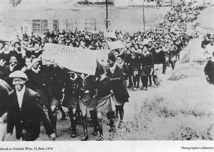 One of the rare pictures of the students marching to Orlando Stadium to hold a rally before they met with the army and the South African police quarter way to the stadium.