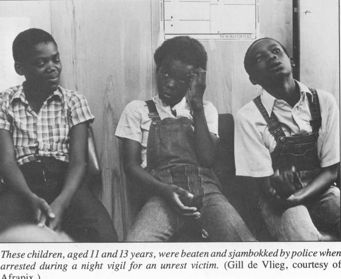 These children aged 11 and 13 years, were beaten and sjamboked by police when arrested during a night vigil for an unrest victim