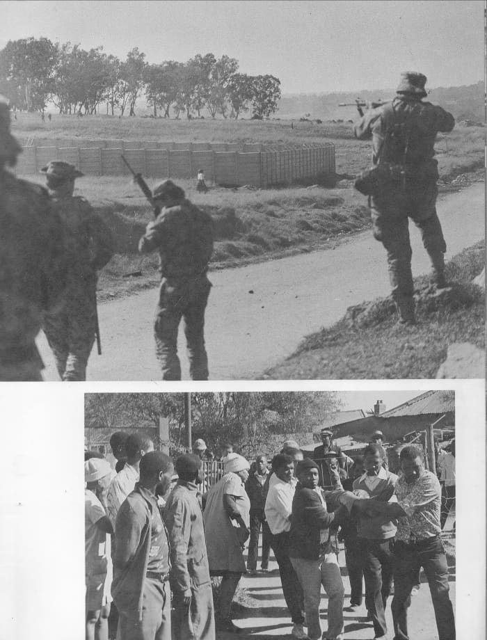 Top: The army target-shooting people in the foreground- note the lady walking past by. Bottom: A common scene of a person shot by the sadf