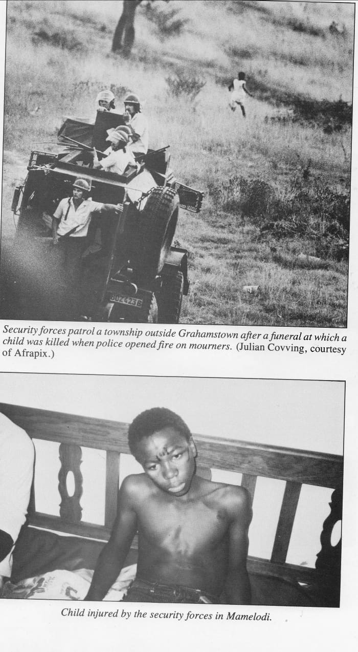 Top: Security Forces patrols a township outside Grahamstown after a funeral at which a child was killed when police opened fire on mourners. Notice a kid running way in the background. Bottom: Child injured by the security forces in Mamelodi