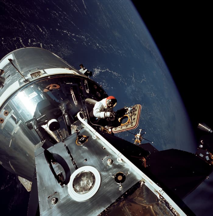 Apollo 9 astronaut Dave Scott photographed on March 6, 1969. His crewmate Rusty Schweickart, lunar module pilot, took this photograph from the porch of the lunar module.