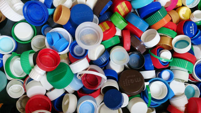 Plastic bottle caps collected for recycling