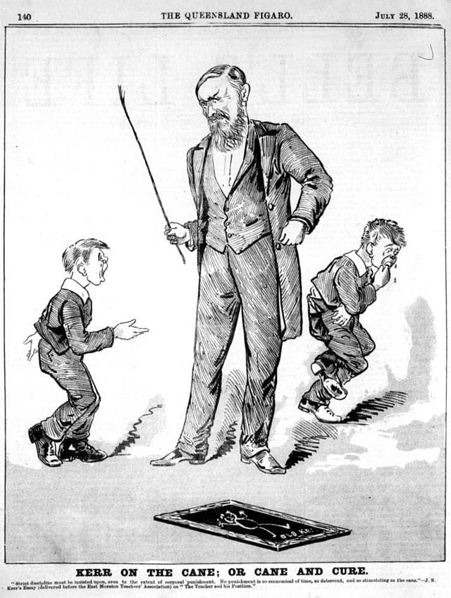 Two students receiving the cane in a drawing from 1888. Corporal punishment in schools has a long history and was unquestioned as method of disciplining children for centuries.