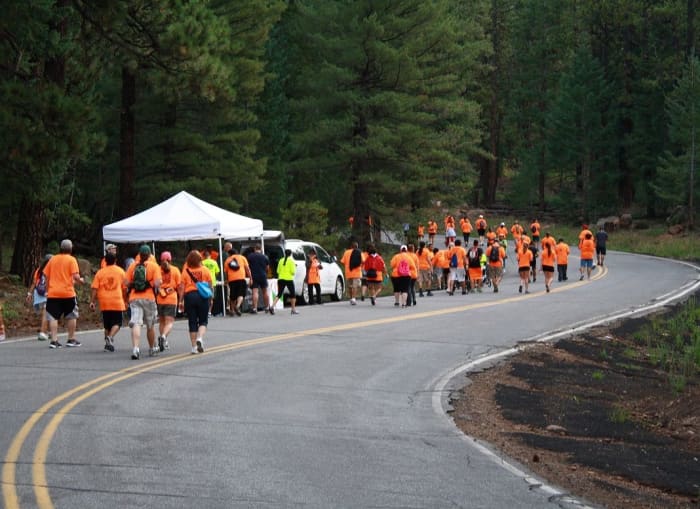 There are water and snack stations more than every mile, with portable bathrooms nearby.
