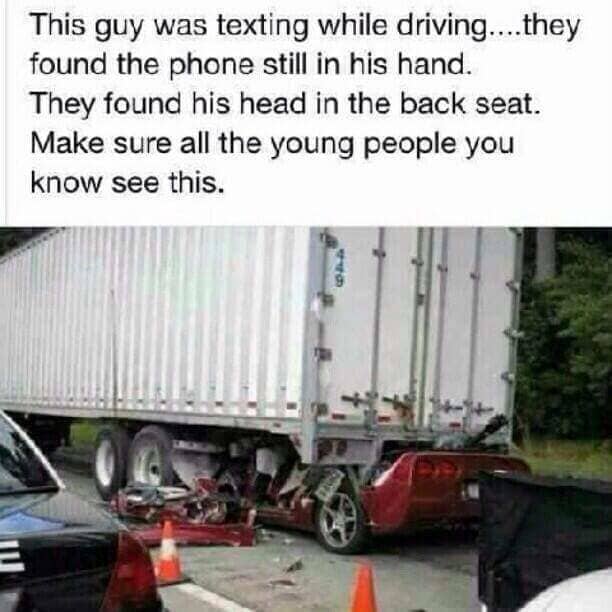 The caption makes clear a man was driving this little red car, however, we all know women are guilty of texting while driving, too. I think this photo speaks for itself, no lecture necessary. What a way to go!