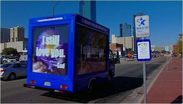 A private bus follows the Dallas-Fort Worth city bus with the "good without God" message.