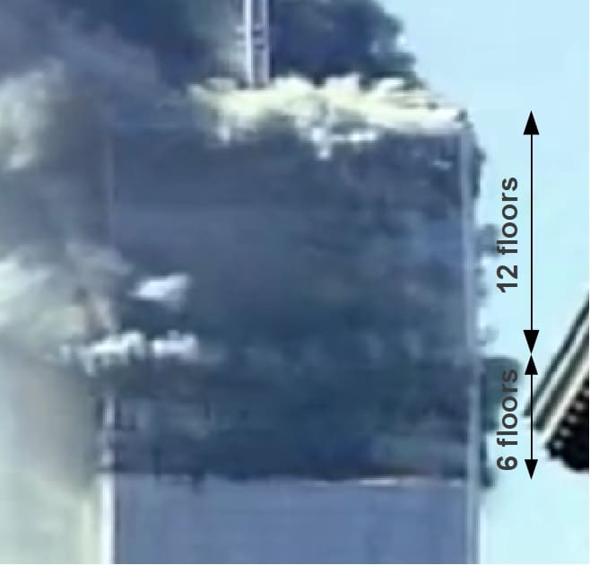 The left side is collapsing first. A block of 12 floors drops on the 6 weakened floors. The collapse starts at this moment.