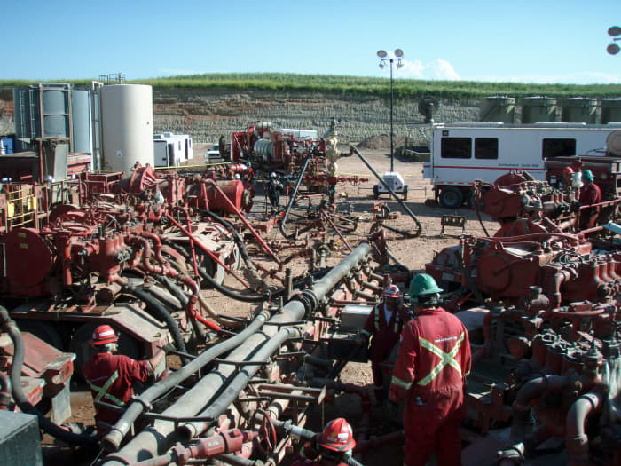 A fracturing operation in progress at the Bakken Formation in North Dakota. American proponents of fracking argue that it gives the US a very real prospect of energy self-sufficiency in the near future, and that concerns and fears are overstated.