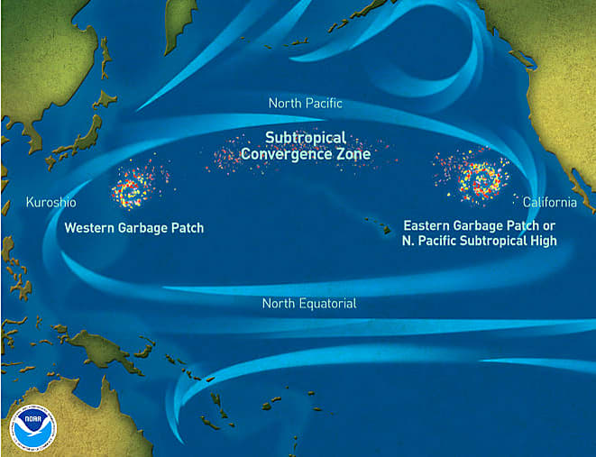 A map of the North Pacific showing the swirling currents which produce the vortex of garbage between California and Japan
