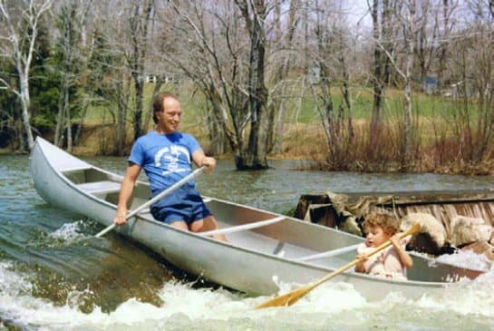Pierre introduces Justin to an easy bit of white water. Justin wrote: "Dad had remained a great outdoorsman well into his mature years, able to overcome almost any obstacle he faced."