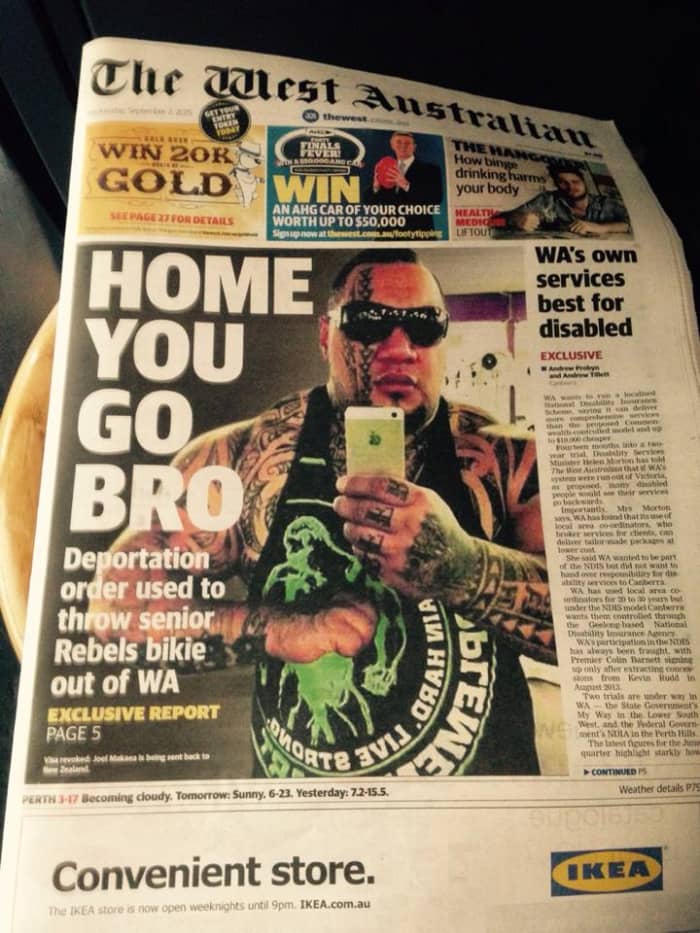 Front Page of Western Australian Paper depicting the Rebel Member Ko was visiting on the day of his arrest in the car park. Member also is being held without charge, and has a wife and young children here in Australia.
