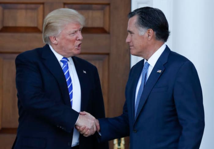 President-Elect Donald Trump (left) shown after meeting with Mitt Romney after meeting Saturday at Trump National Country Club in New Jersey. Rumors are Romney may be named Secretary of State.